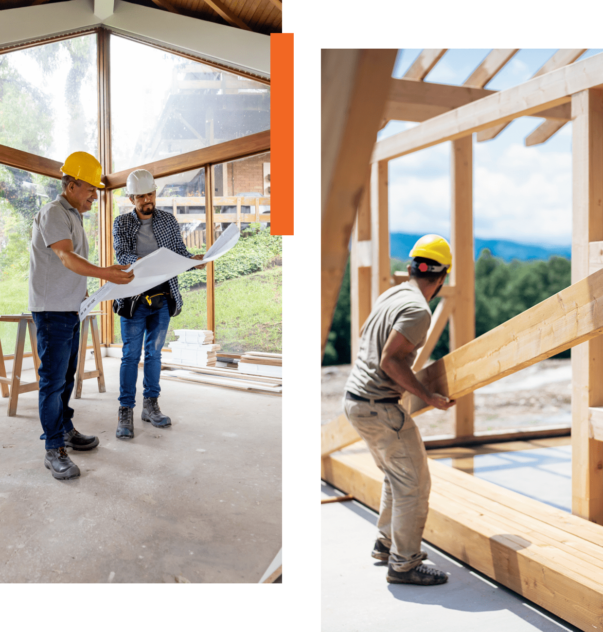 Construction workers reviewing blueprints of house